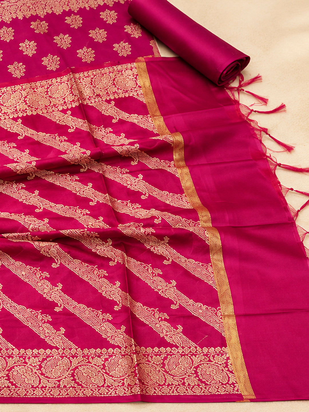 Magenta Woven Design Banarasi Chanderi Unstitched Dress Material
