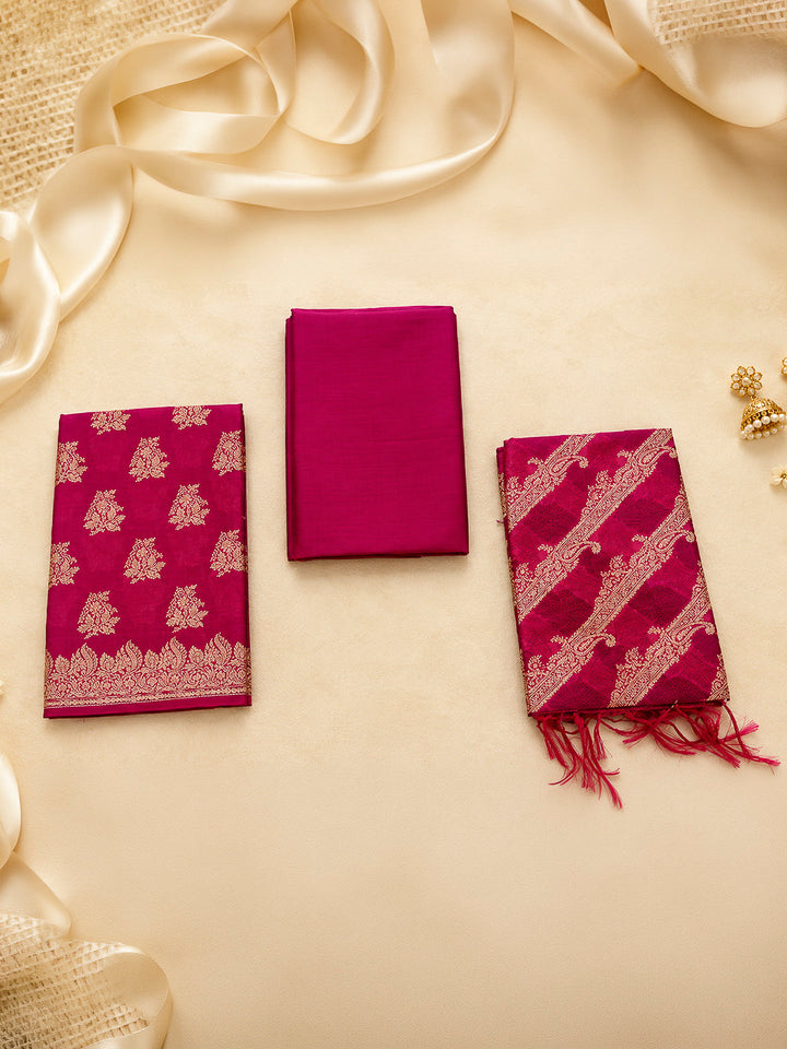 Magenta Woven Design Banarasi Chanderi Unstitched Dress Material