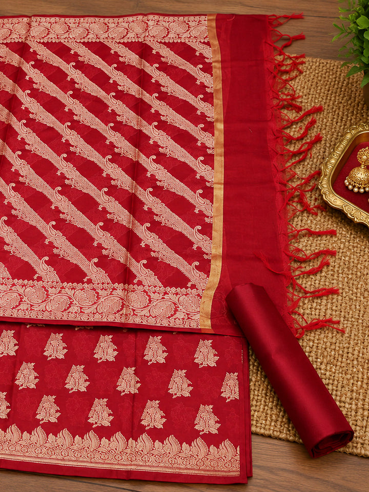 Maroon Woven Design Banarasi Chanderi Unstitched Dress Material