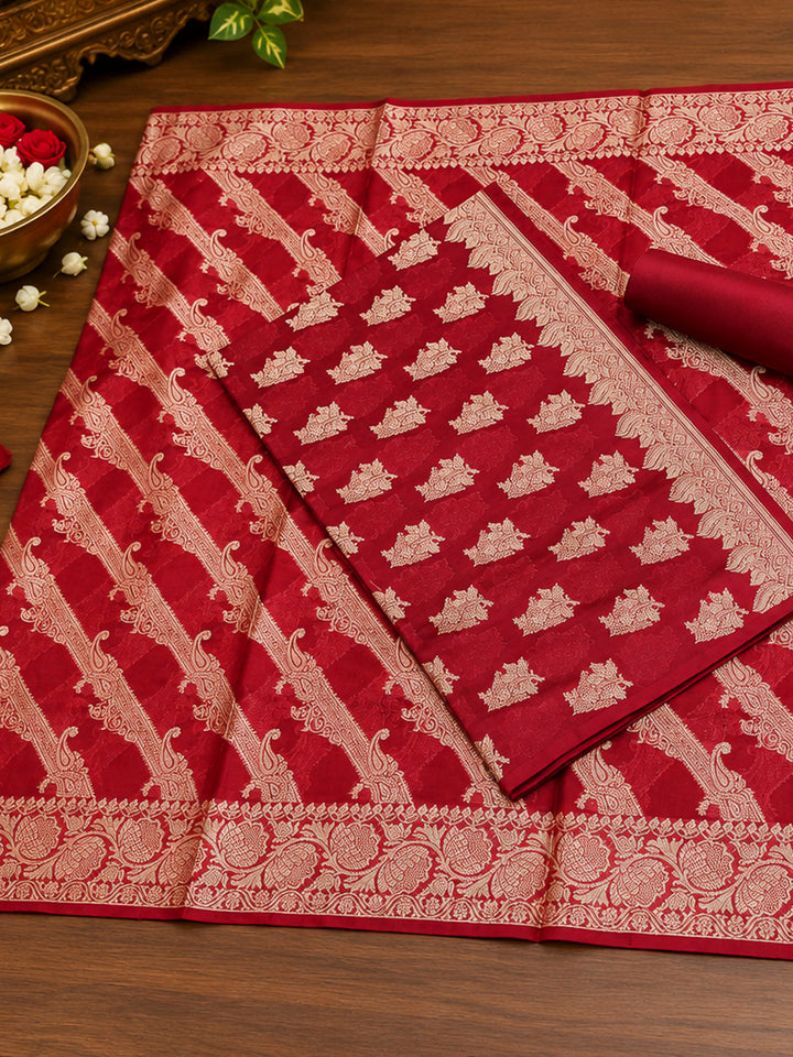 Maroon Woven Design Banarasi Chanderi Unstitched Dress Material