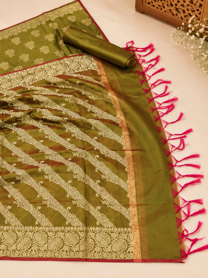 Mehndi Woven Design Banarasi Chanderi Unstitched Dress Material