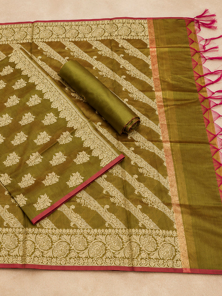 Mehndi Woven Design Banarasi Chanderi Unstitched Dress Material