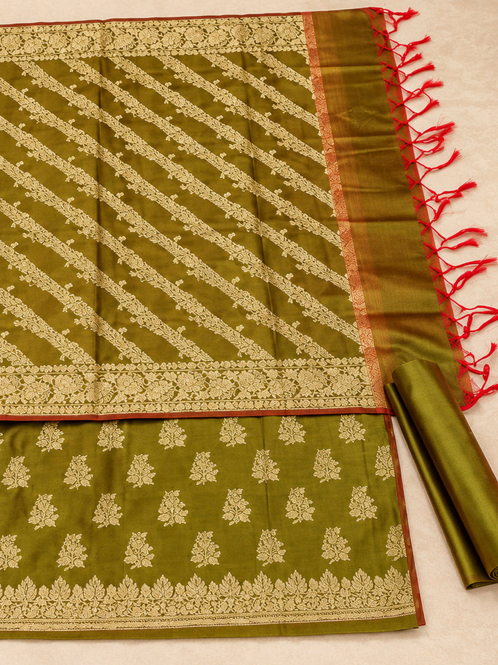 Mehndi Woven Design Banarasi Chanderi Unstitched Dress Material