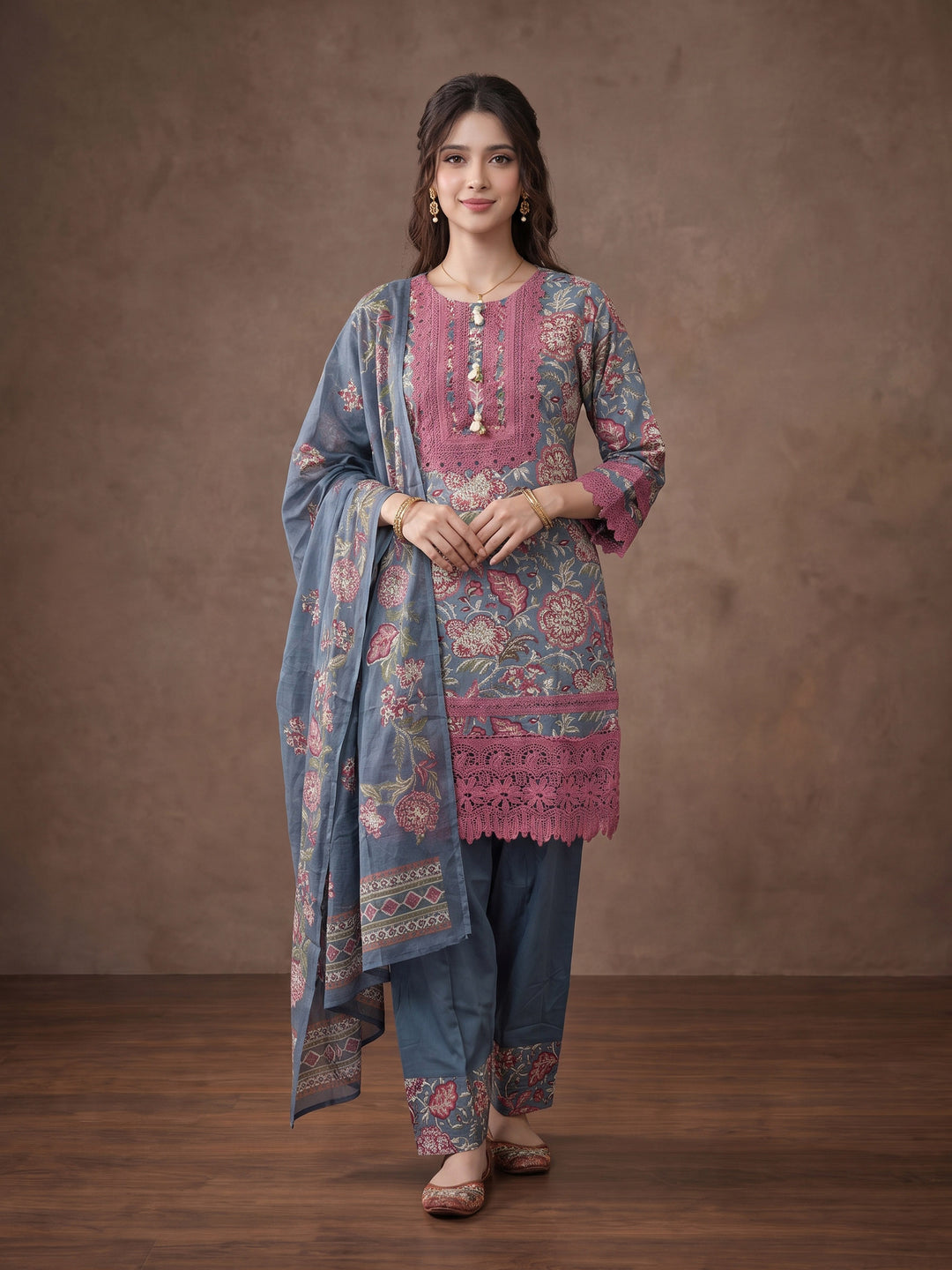 Grey Embroidered Cotton Blend Kurta With Pant &amp; Dupatta