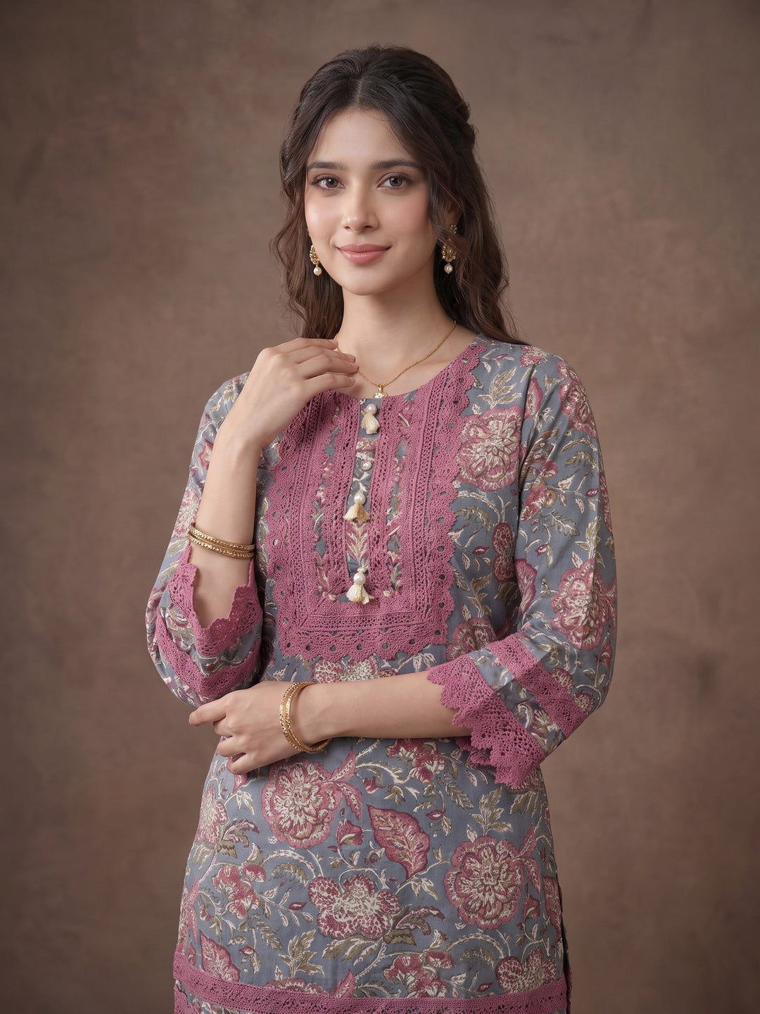 Grey Embroidered Cotton Blend Kurta With Pant &amp; Dupatta