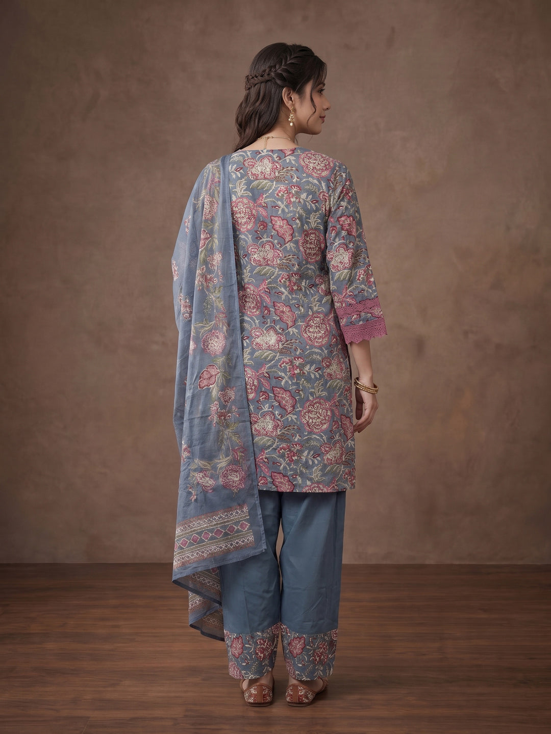 Grey Embroidered Cotton Blend Kurta With Pant &amp; Dupatta
