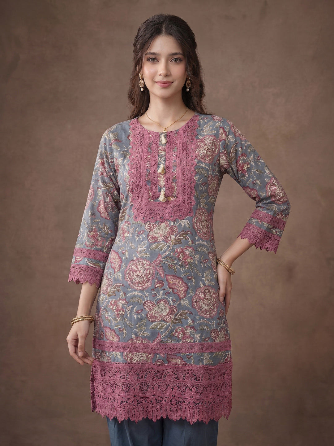 Grey Embroidered Cotton Blend Kurta With Pant &amp; Dupatta