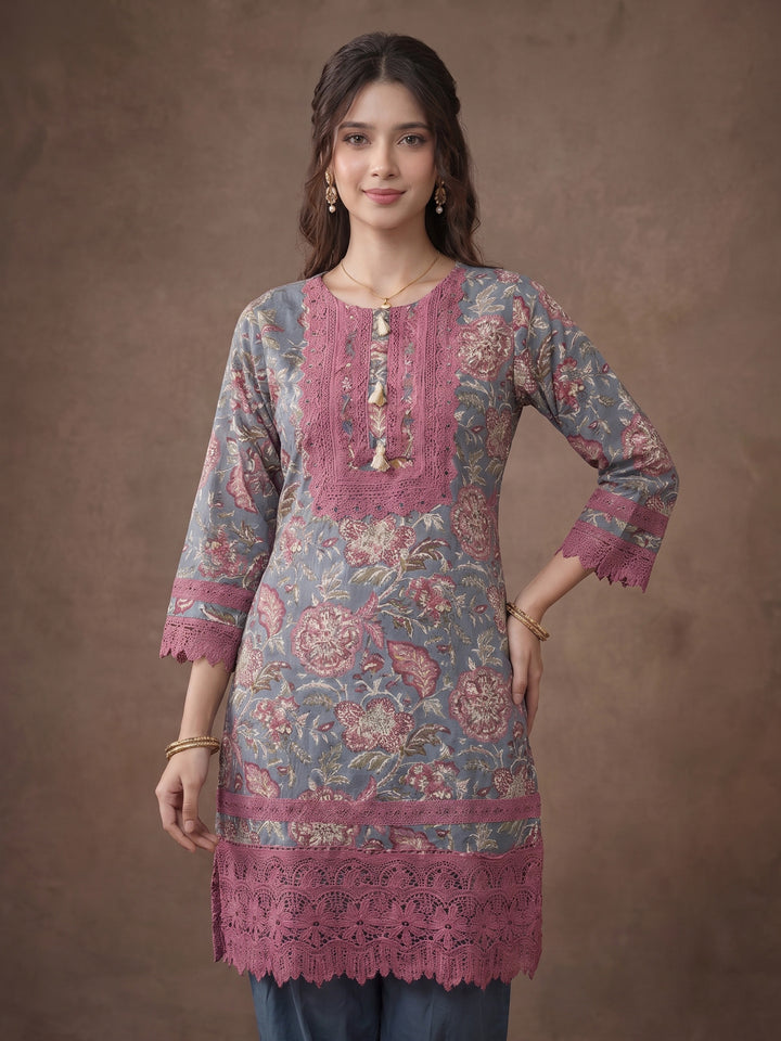 Grey Embroidered Cotton Blend Kurta With Pant &amp; Dupatta