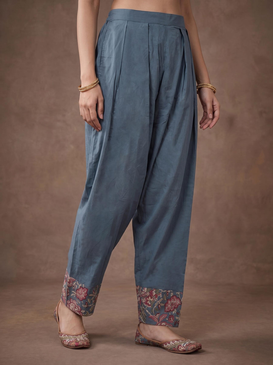 Grey Embroidered Cotton Blend Kurta With Pant &amp; Dupatta
