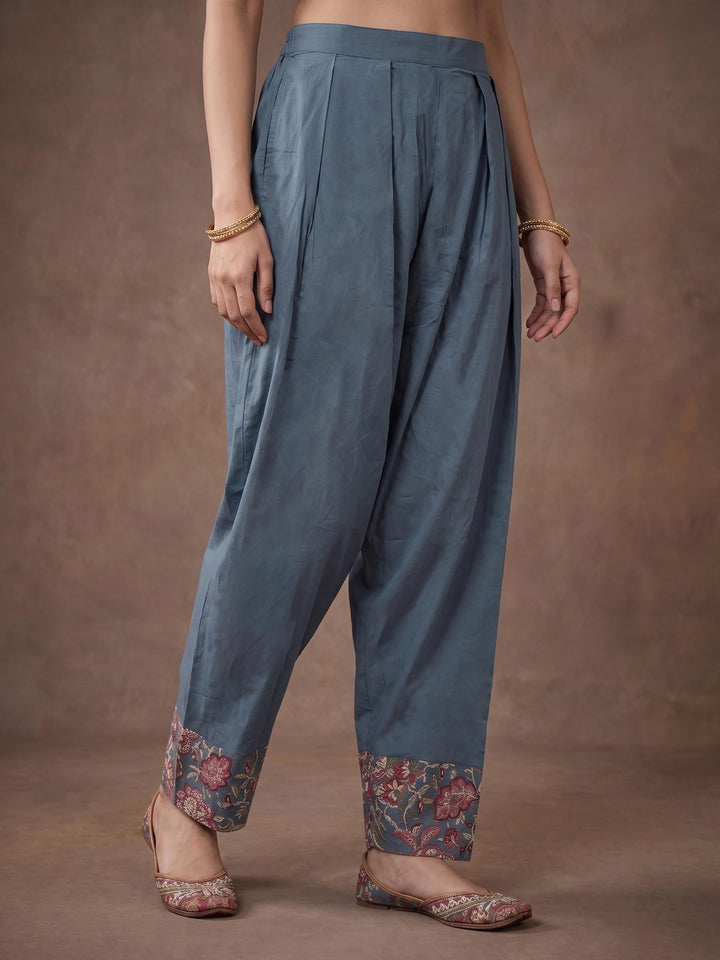 Grey Embroidered Cotton Blend Kurta With Pant &amp; Dupatta