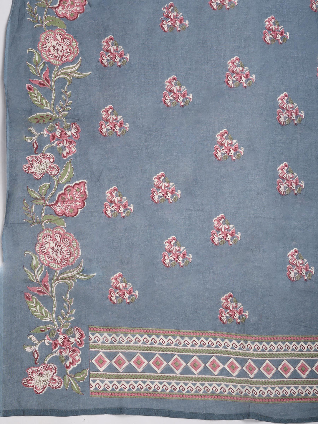 Grey Embroidered Cotton Blend Kurta With Pant &amp; Dupatta