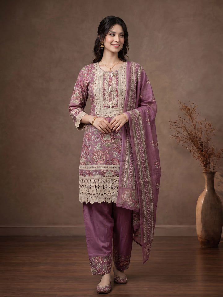 Levender Embroidered Cotton Blend Kurta With Pant &amp; Dupatta