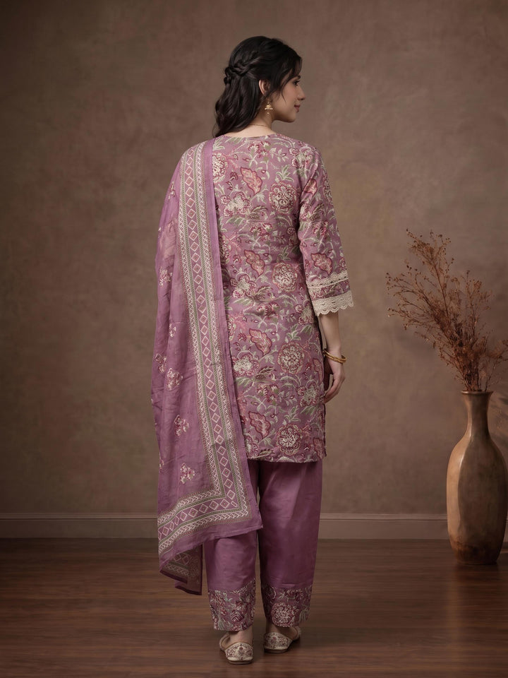 Levender Embroidered Cotton Blend Kurta With Pant &amp; Dupatta