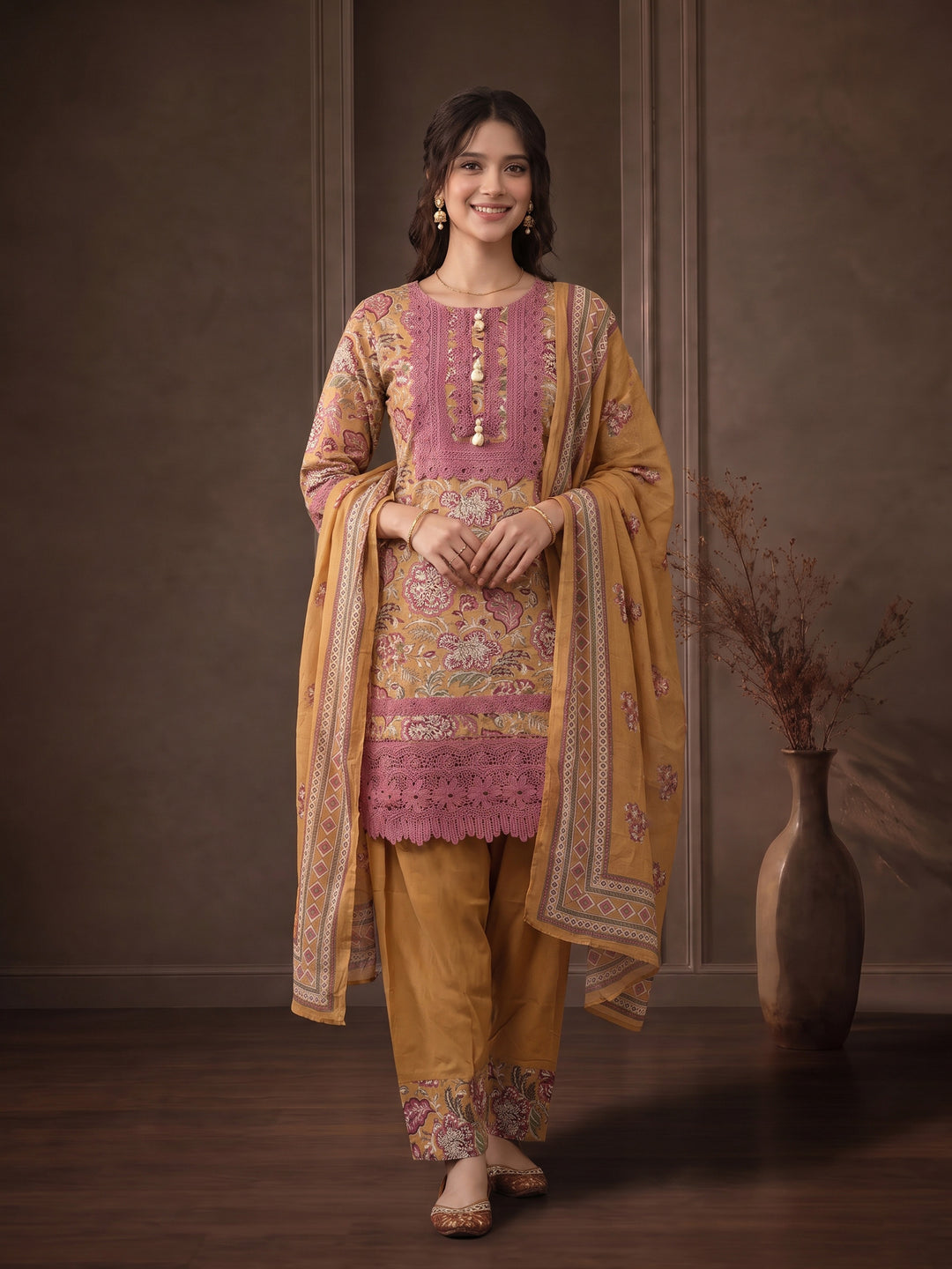 Mustard Embroidered Cotton Blend Kurta With Pant &amp; Dupatta
