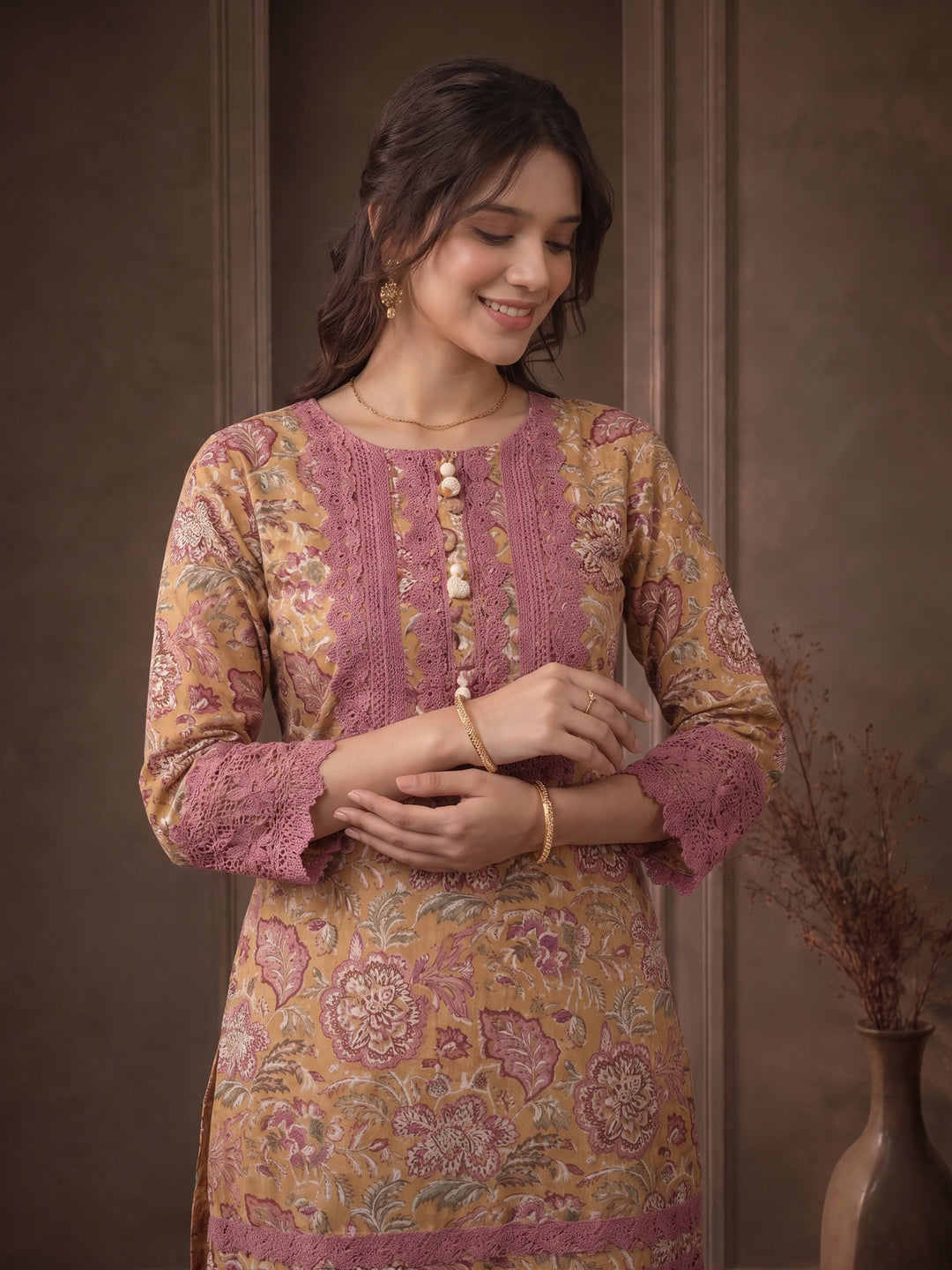 Mustard Embroidered Cotton Blend Kurta With Pant &amp; Dupatta