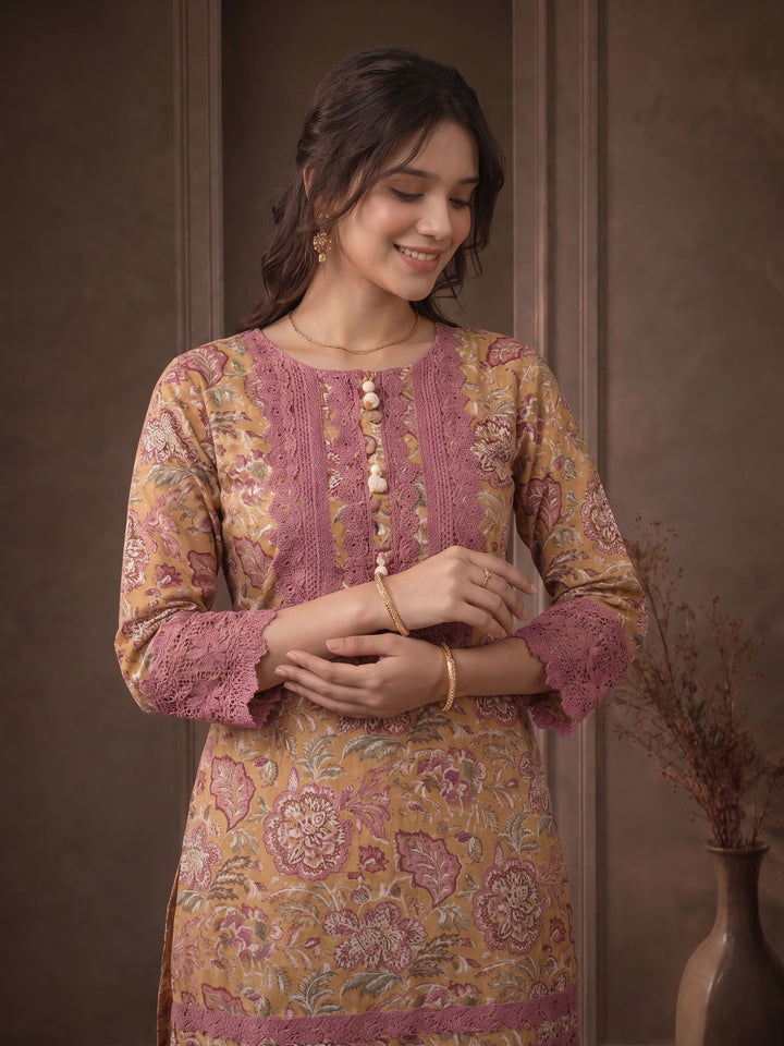 Mustard Embroidered Cotton Blend Kurta With Pant &amp; Dupatta