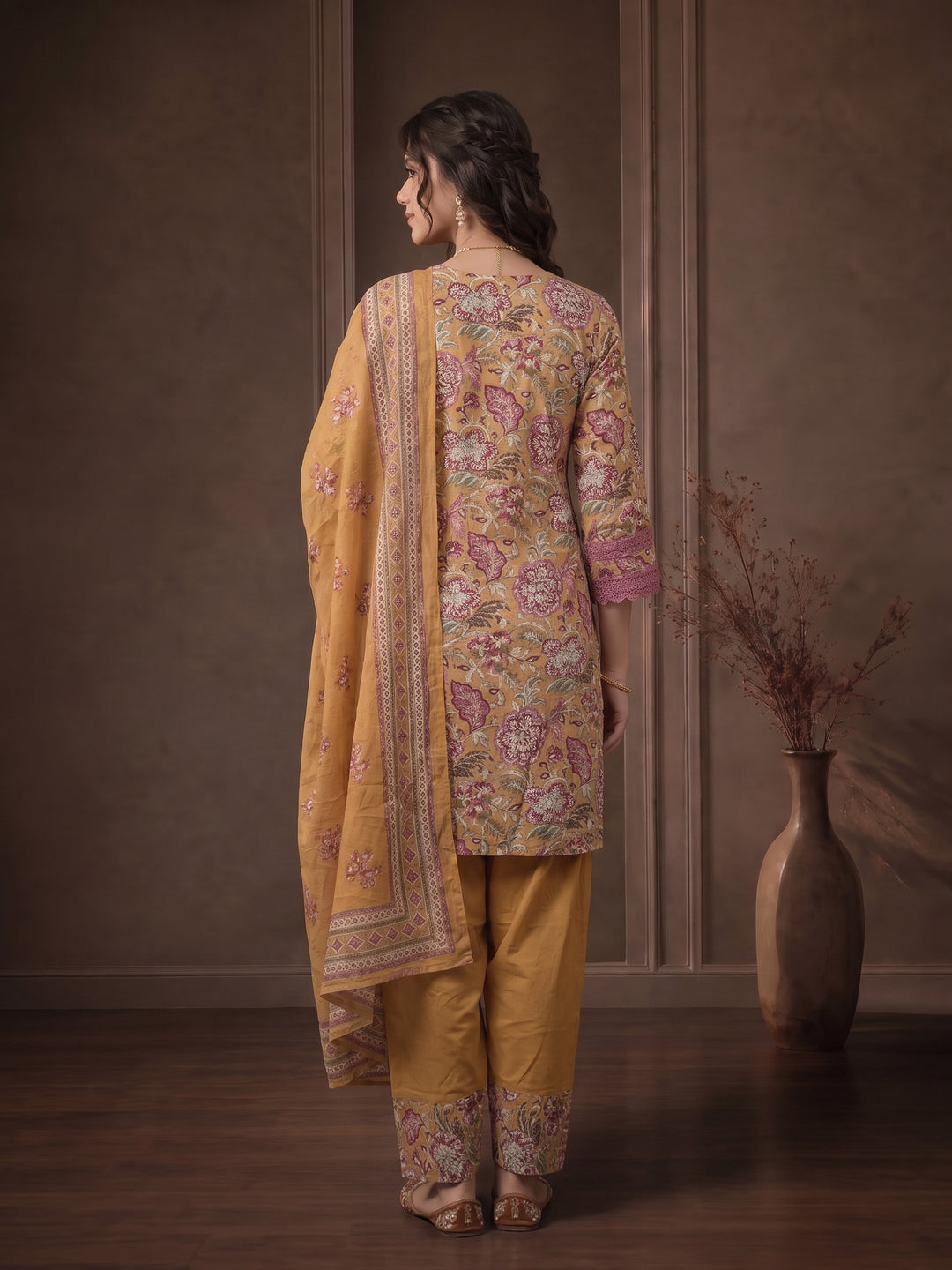 Mustard Embroidered Cotton Blend Kurta With Pant &amp; Dupatta