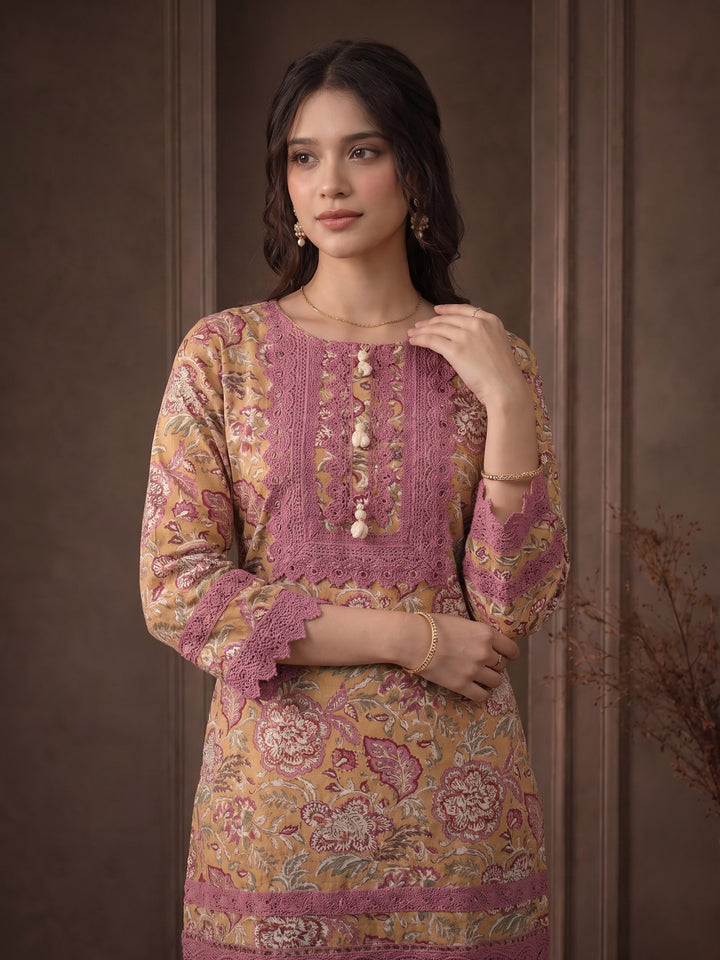 Mustard Embroidered Cotton Blend Kurta With Pant &amp; Dupatta