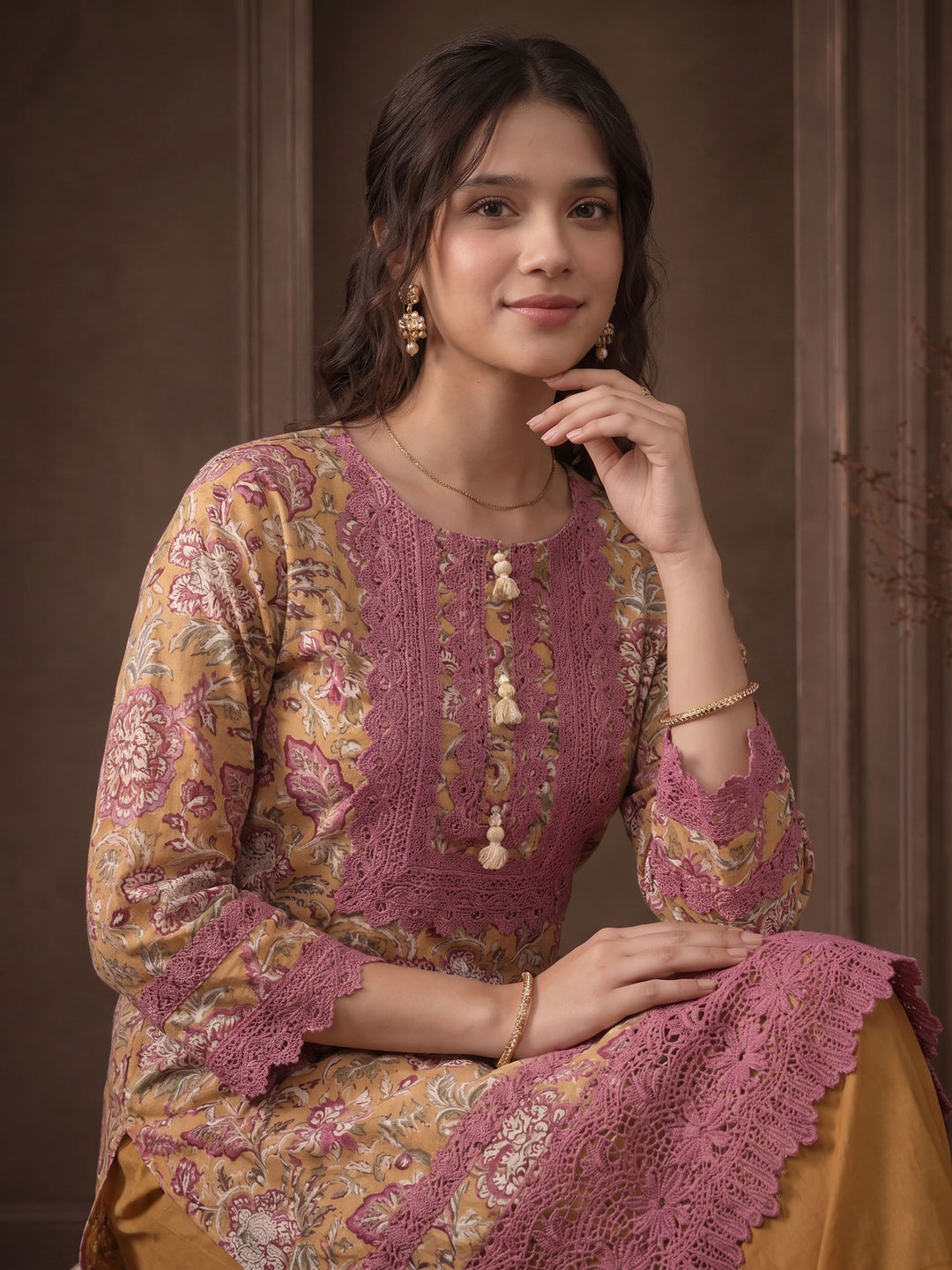 Mustard Embroidered Cotton Blend Kurta With Pant &amp; Dupatta