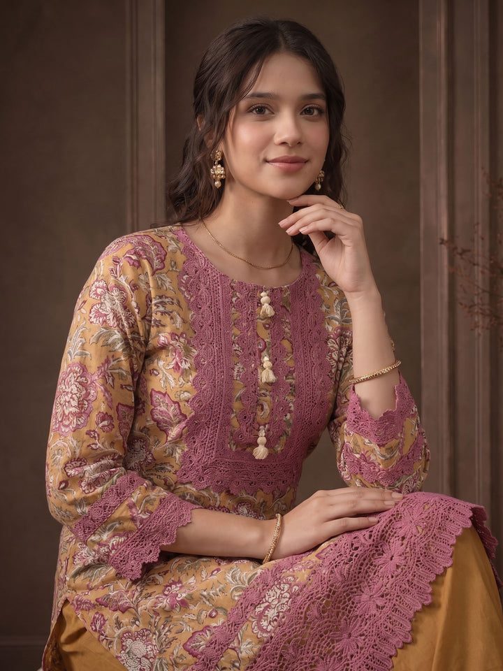 Mustard Embroidered Cotton Blend Kurta With Pant &amp; Dupatta