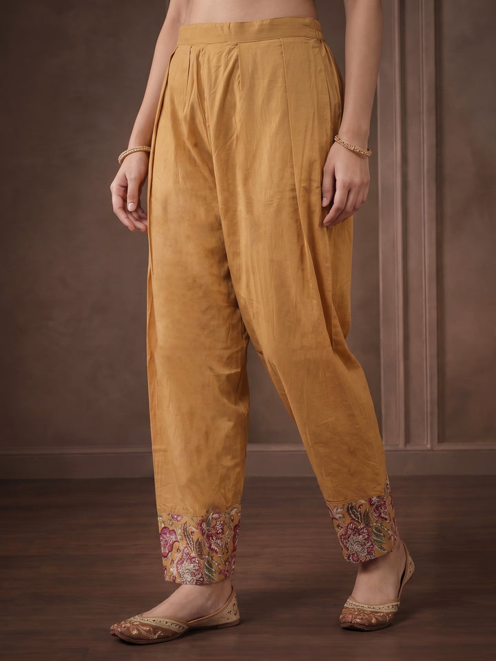 Mustard Embroidered Cotton Blend Kurta With Pant &amp; Dupatta