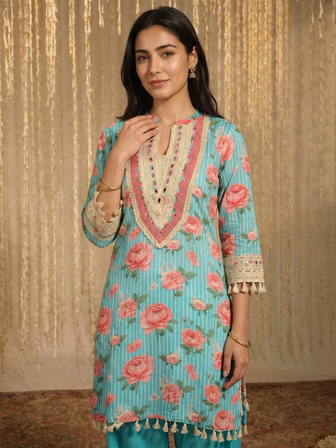 Firozee Lace-Work Cotton Blend Kurta Set