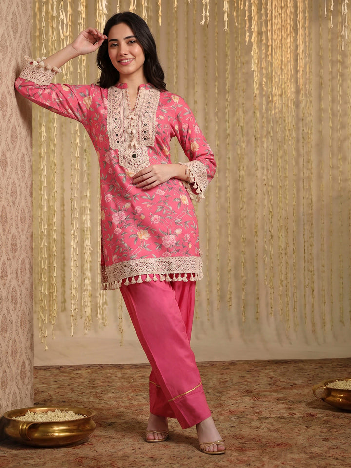 Pink Lace-Work Cotton Blend Kurta Set