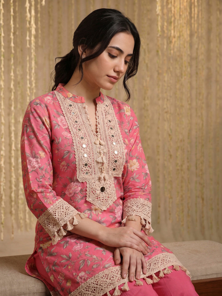 Pink Lace-Work Cotton Blend Kurta Set