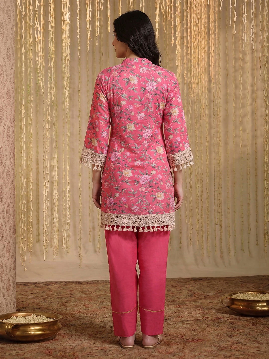 Pink Lace-Work Cotton Blend Kurta Set