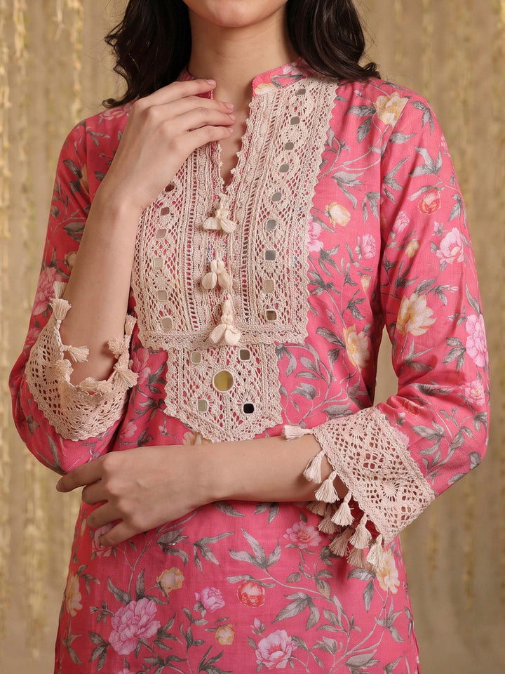 Pink Lace-Work Cotton Blend Kurta Set