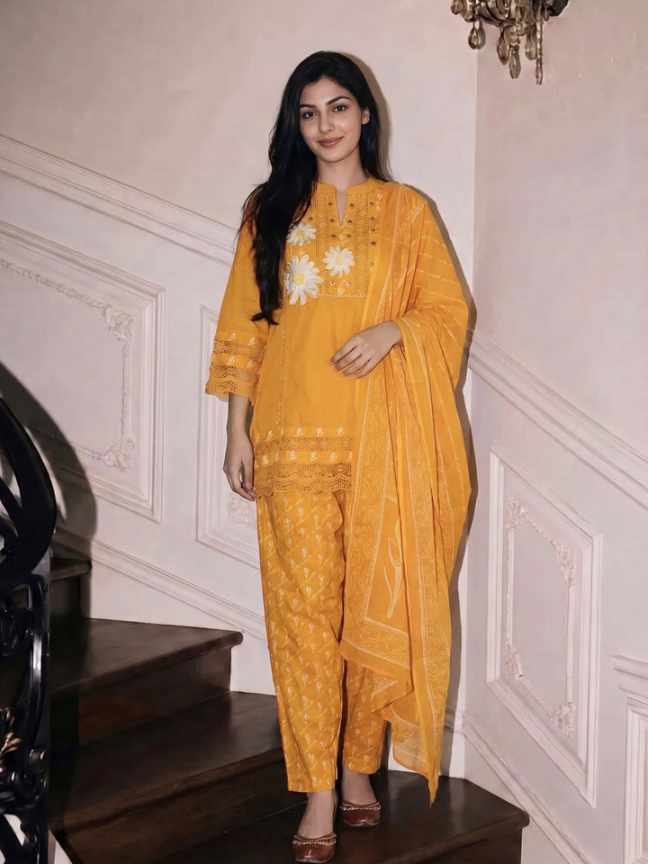 Mustard Embroidered Cotton Blend Kurta With Pant &amp; Dupatta