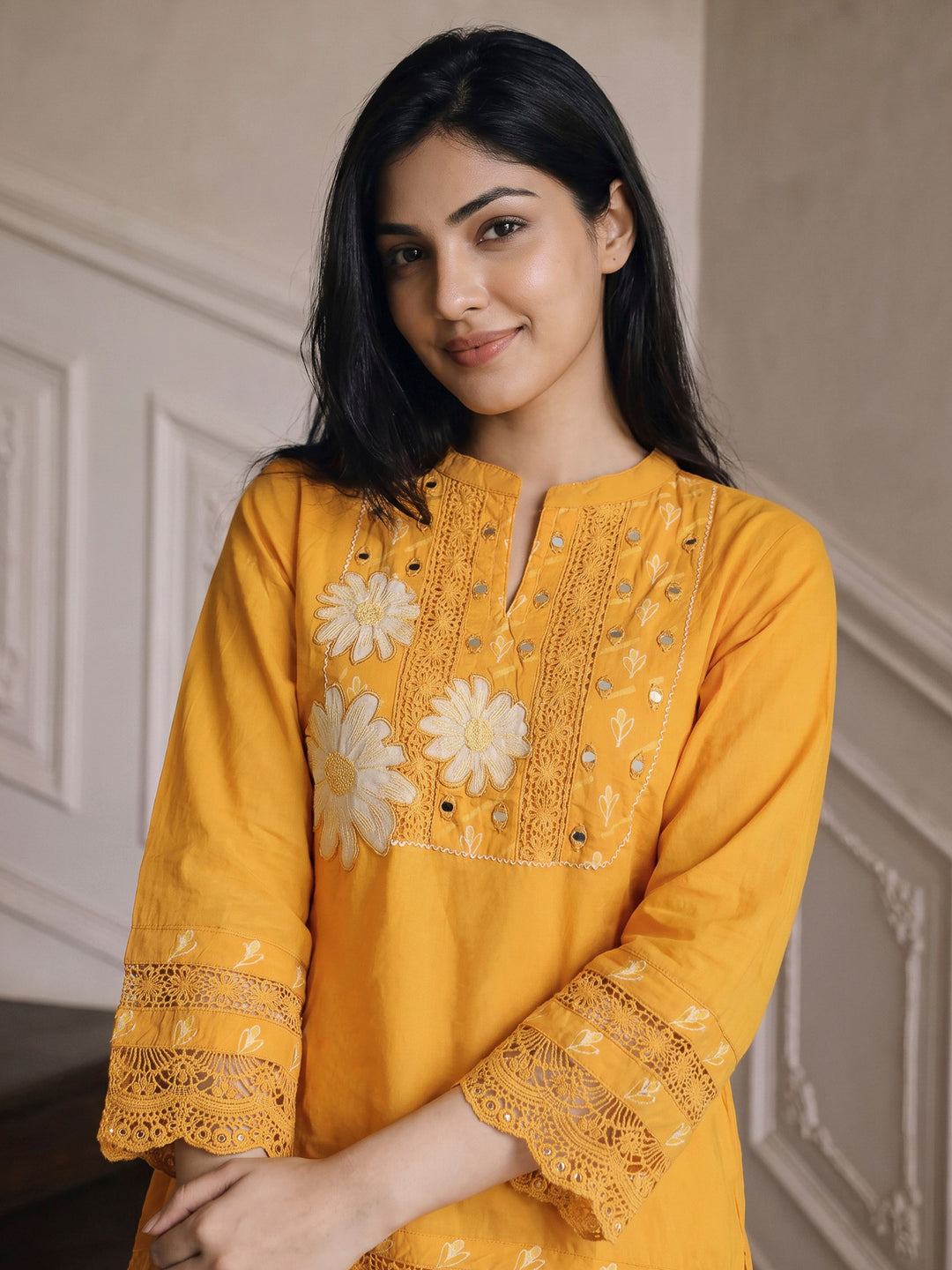 Mustard Embroidered Cotton Blend Kurta With Pant &amp; Dupatta