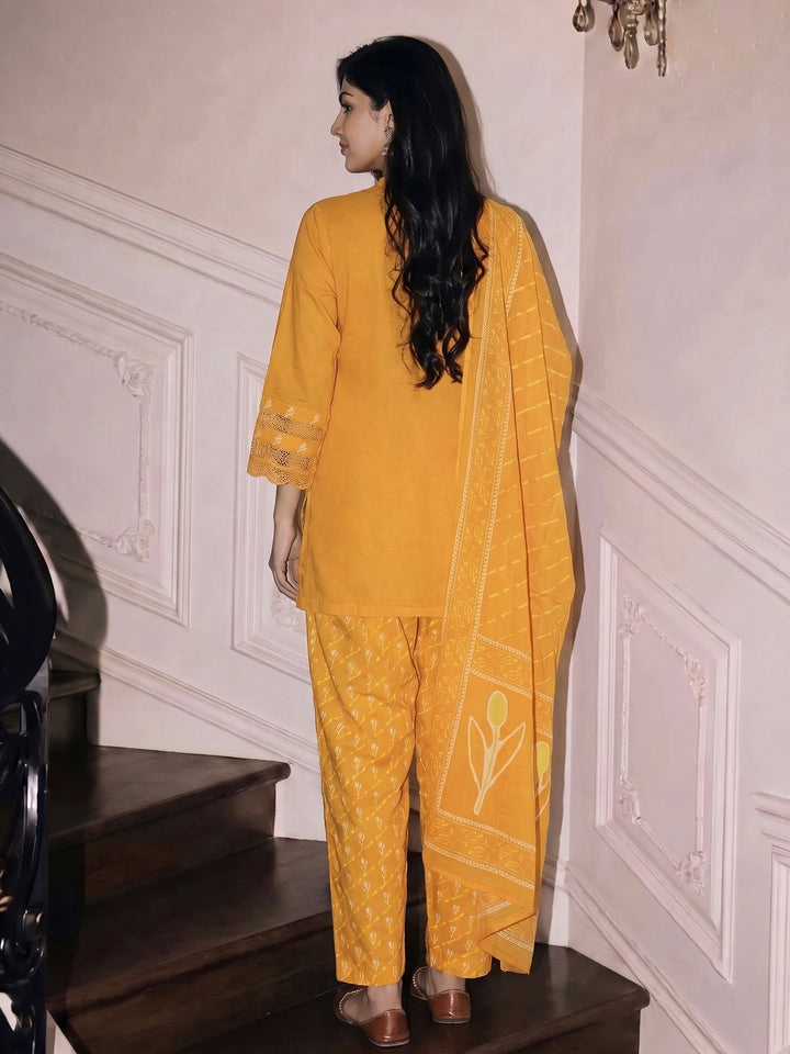 Mustard Embroidered Cotton Blend Kurta With Pant &amp; Dupatta