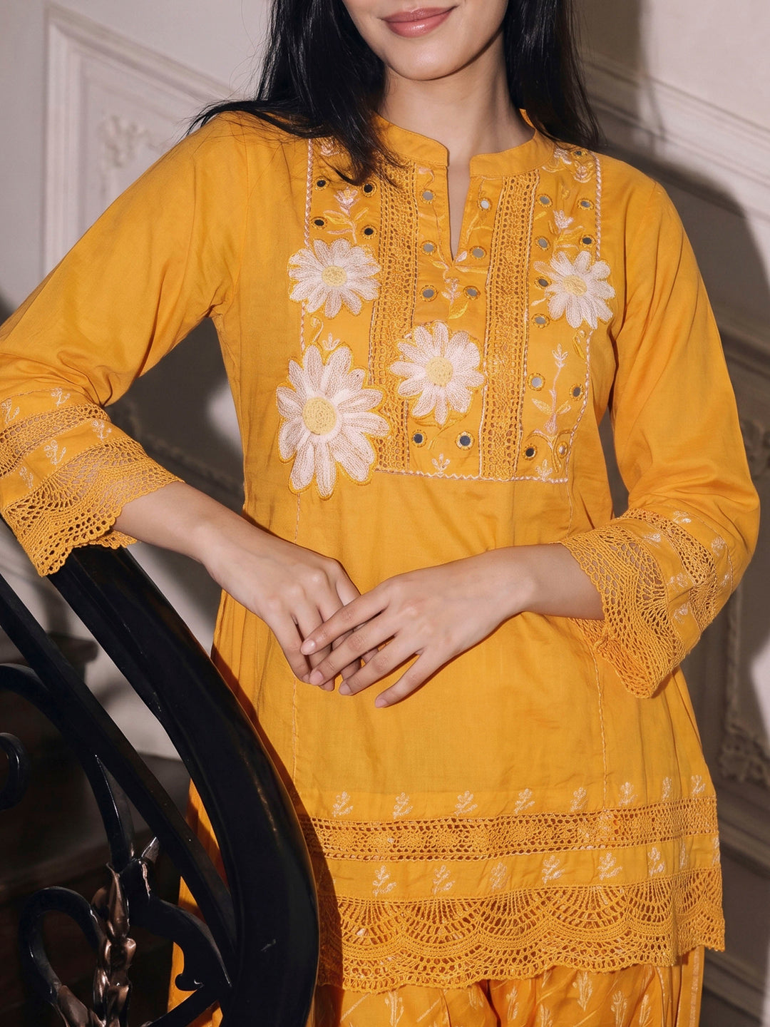Mustard Embroidered Cotton Blend Kurta With Pant &amp; Dupatta