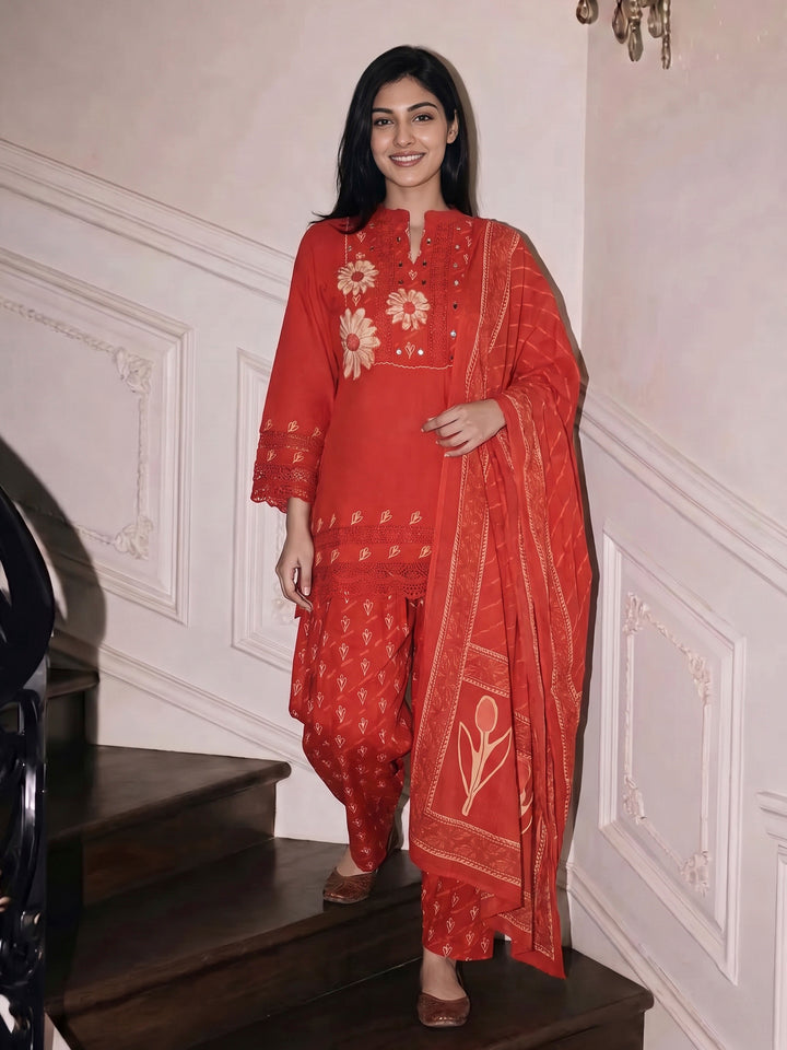 Red Embroidered Cotton Blend Kurta With Pant &amp; Dupatta