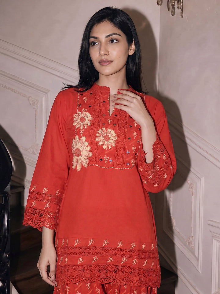 Red Embroidered Cotton Blend Kurta With Pant &amp; Dupatta