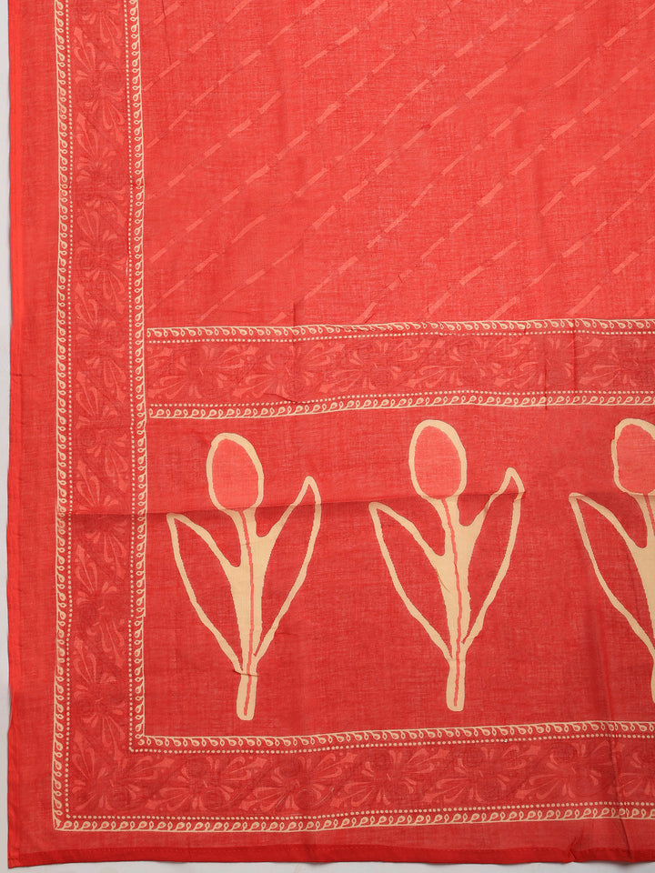 Red Embroidered Cotton Blend Kurta With Pant &amp; Dupatta