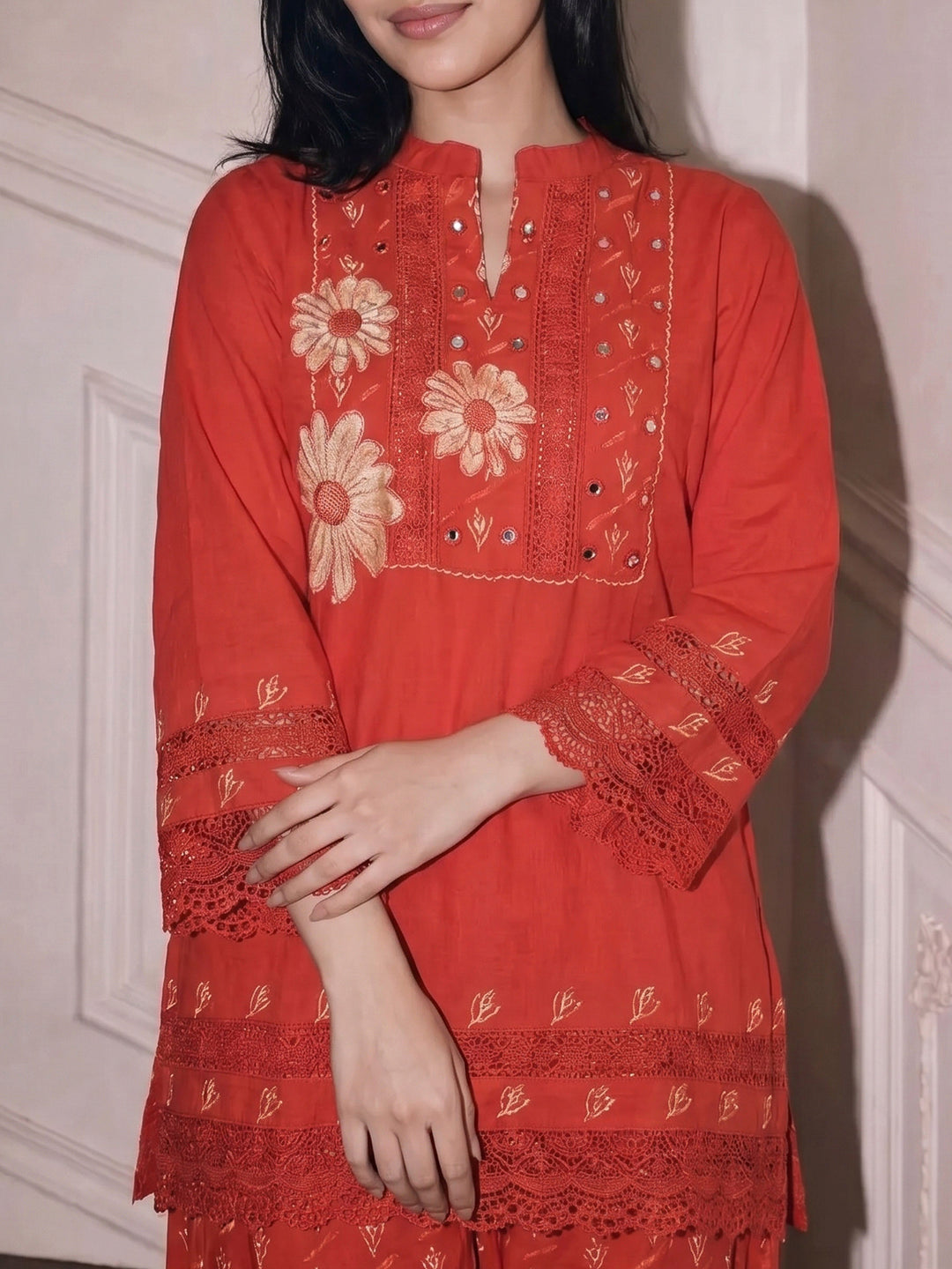 Red Embroidered Cotton Blend Kurta With Pant &amp; Dupatta