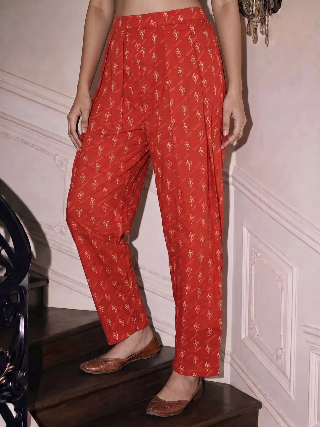 Red Embroidered Cotton Blend Kurta With Pant &amp; Dupatta