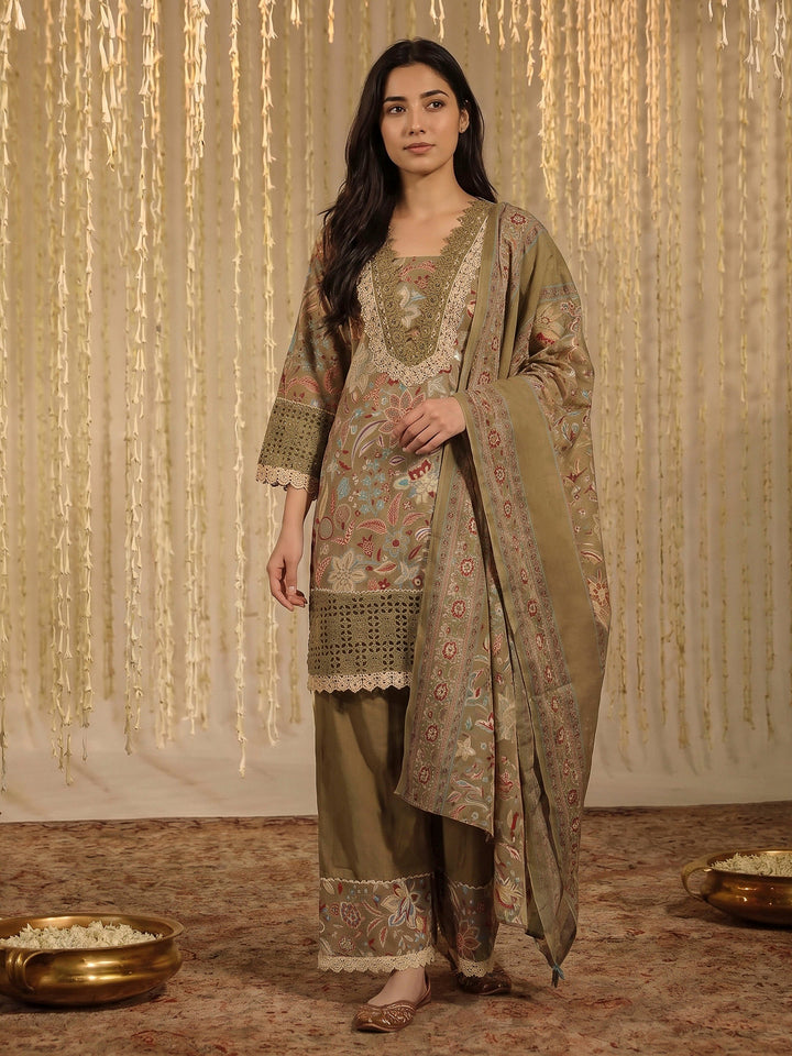 Green Lace Neck Cotton Blend Kurta With Pant &amp; Dupatta
