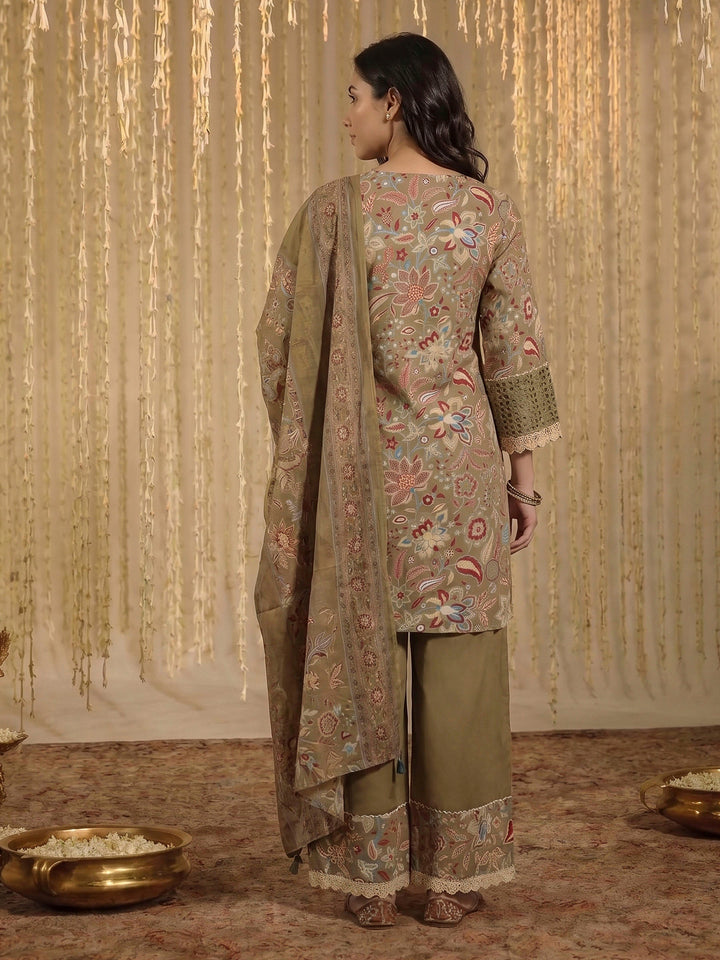 Green Lace Neck Cotton Blend Kurta With Pant &amp; Dupatta