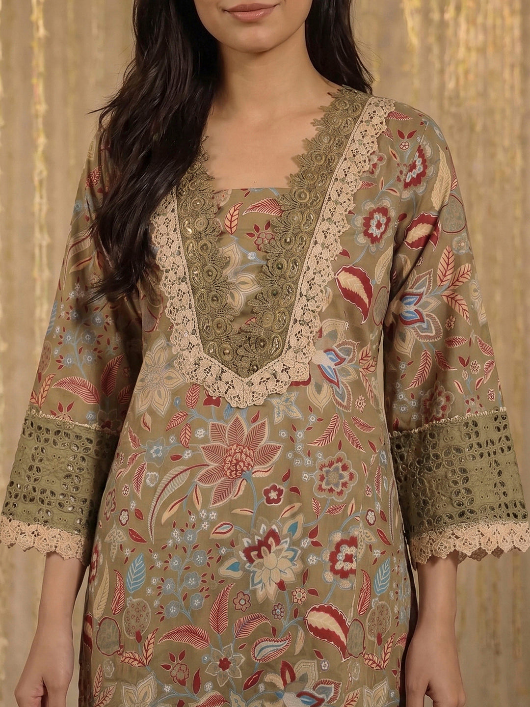 Green Lace Neck Cotton Blend Kurta With Pant &amp; Dupatta