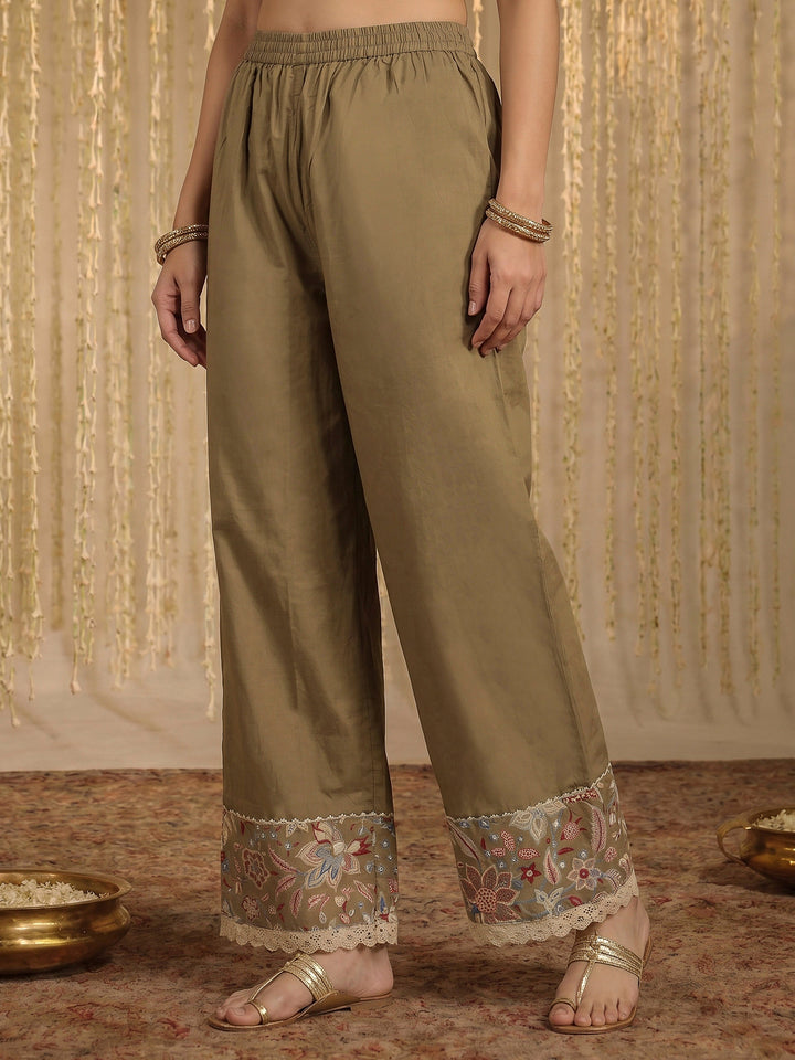 Green Lace Neck Cotton Blend Kurta With Pant &amp; Dupatta