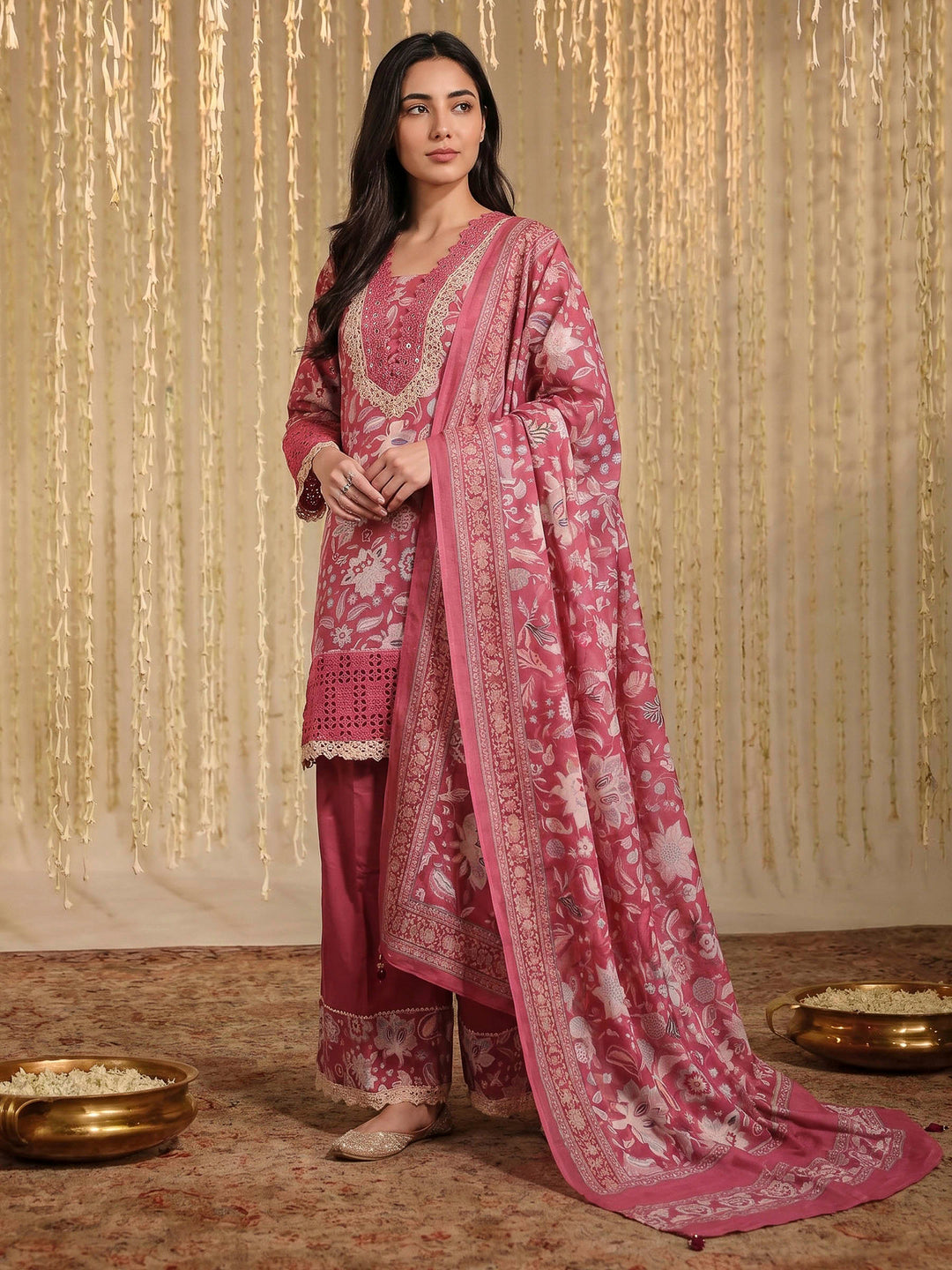 Onion Pink Lace Neck Cotton Blend Kurta With Pant &amp; Dupatta