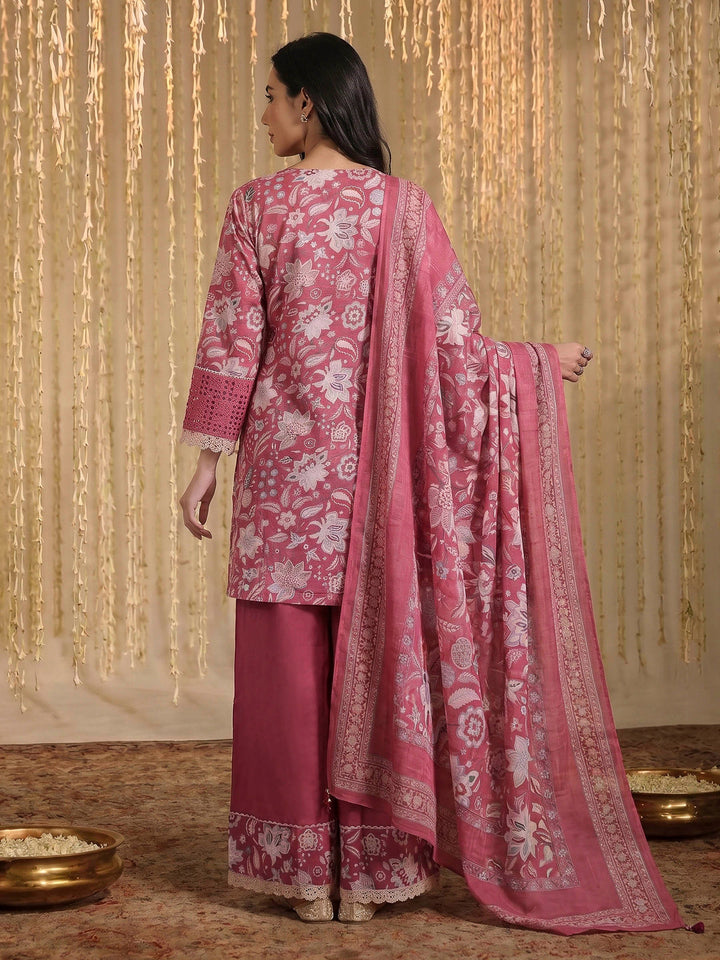 Onion Pink Lace Neck Cotton Blend Kurta With Pant &amp; Dupatta