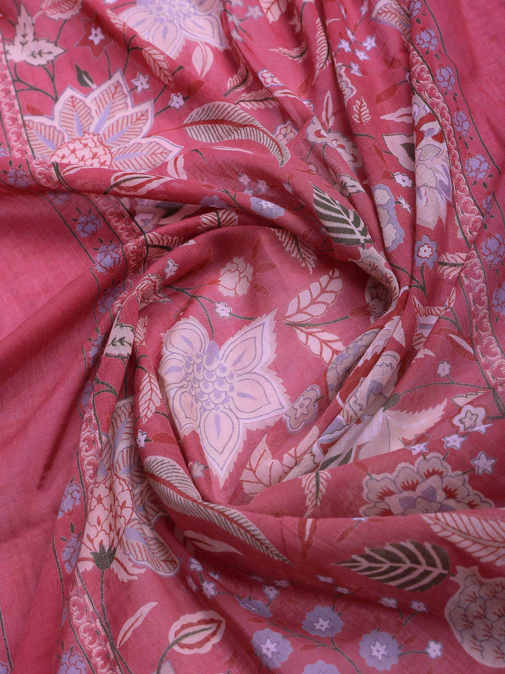 Onion Pink Lace Neck Cotton Blend Kurta With Pant &amp; Dupatta