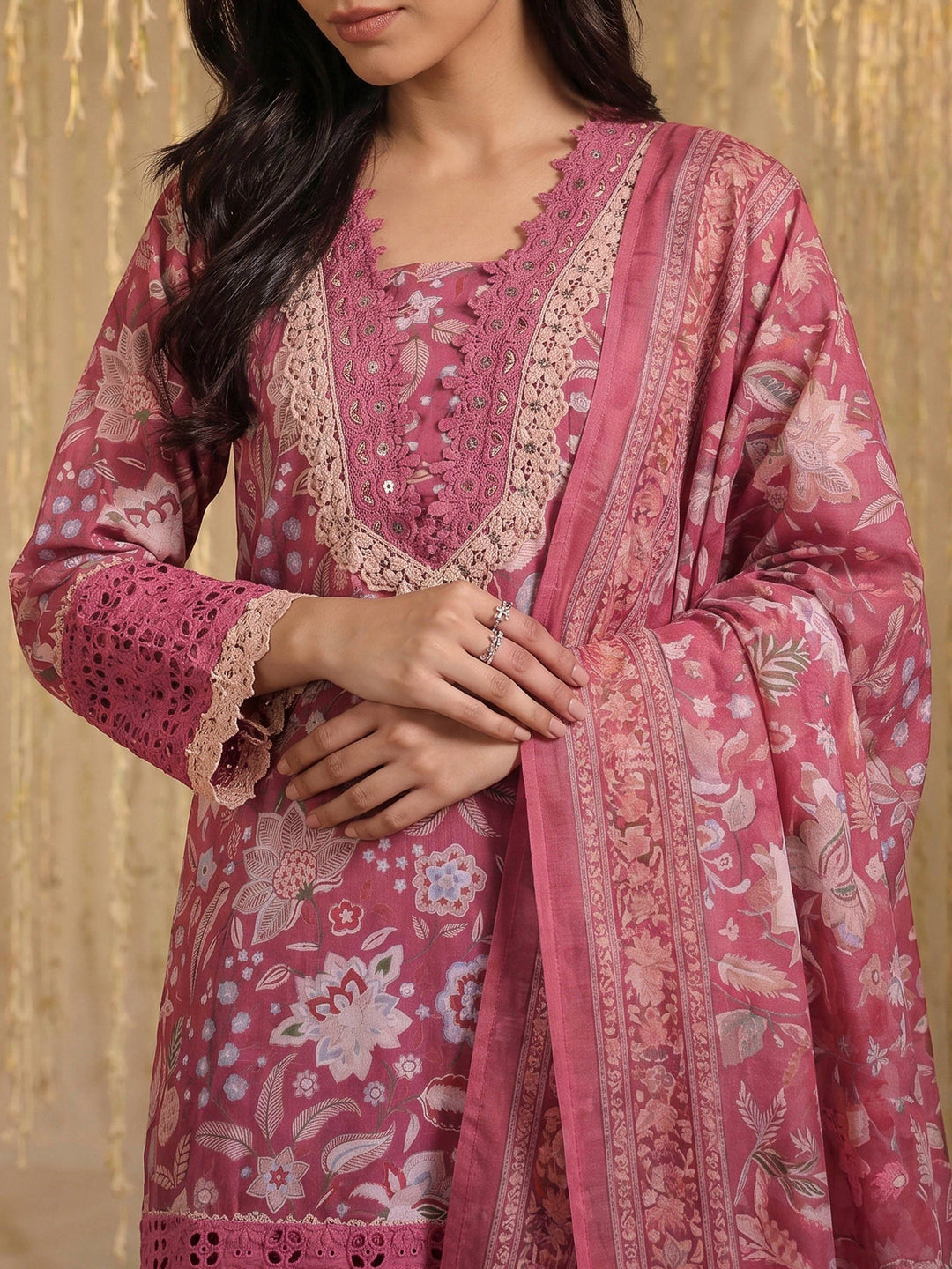Onion Pink Lace Neck Cotton Blend Kurta With Pant &amp; Dupatta
