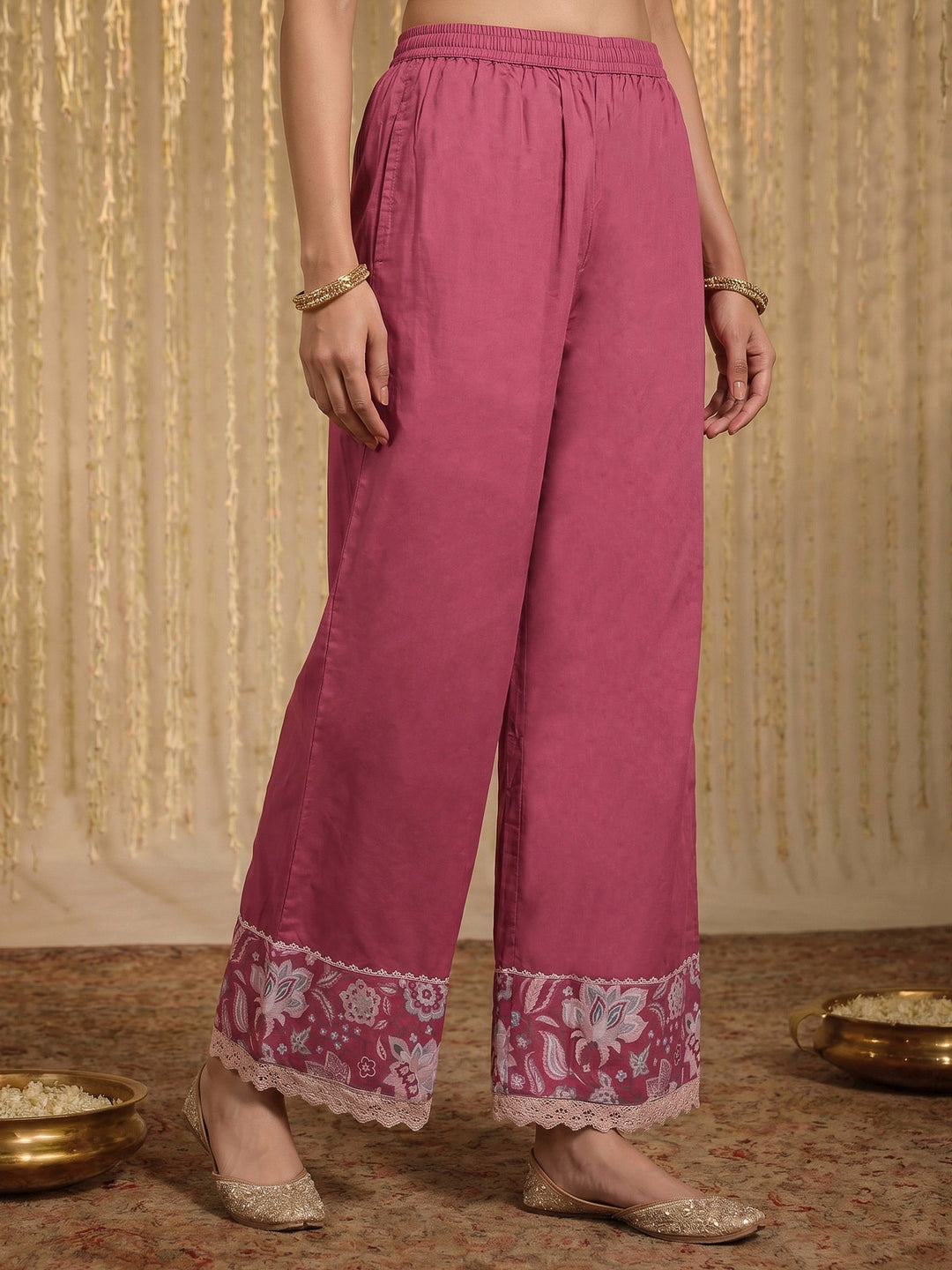 Onion Pink Lace Neck Cotton Blend Kurta With Pant &amp; Dupatta