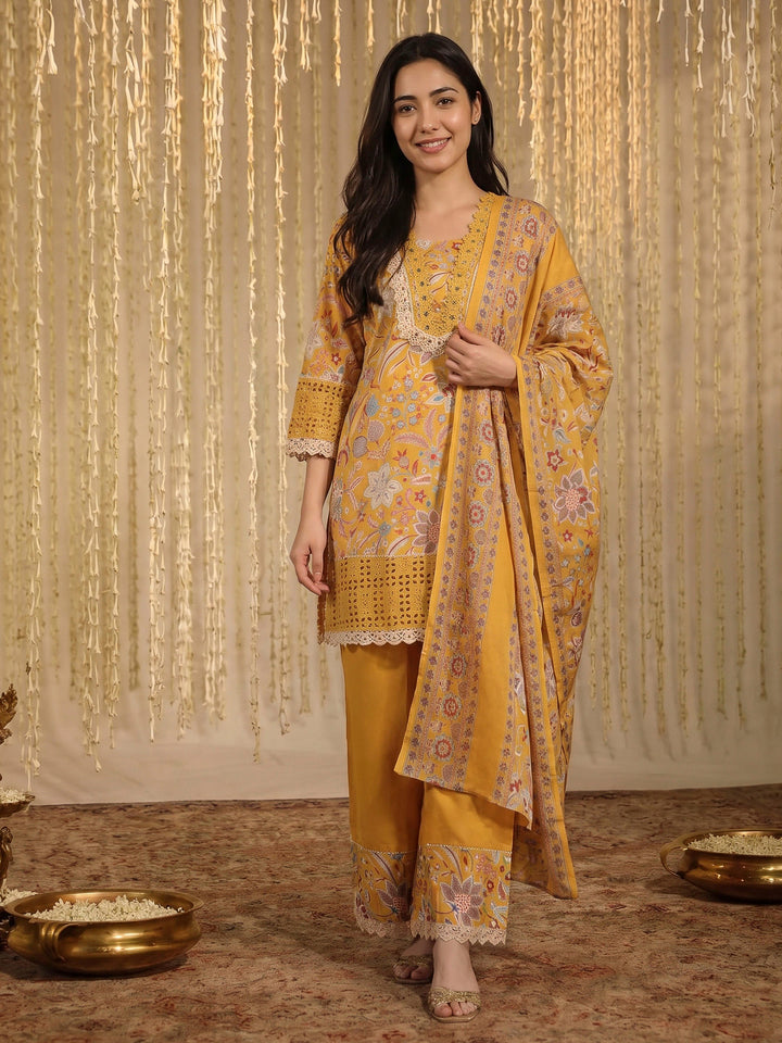 Yellow Lace Neck Cotton Blend Kurta With Pant &amp; Dupatta