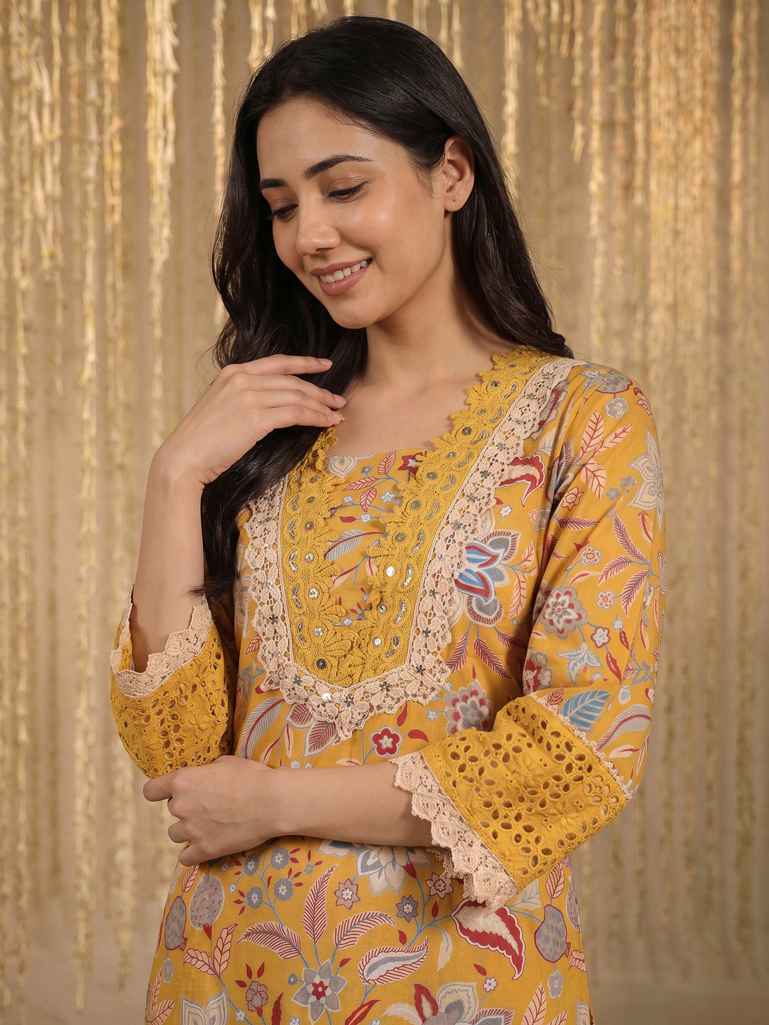 Yellow Lace Neck Cotton Blend Kurta With Pant &amp; Dupatta